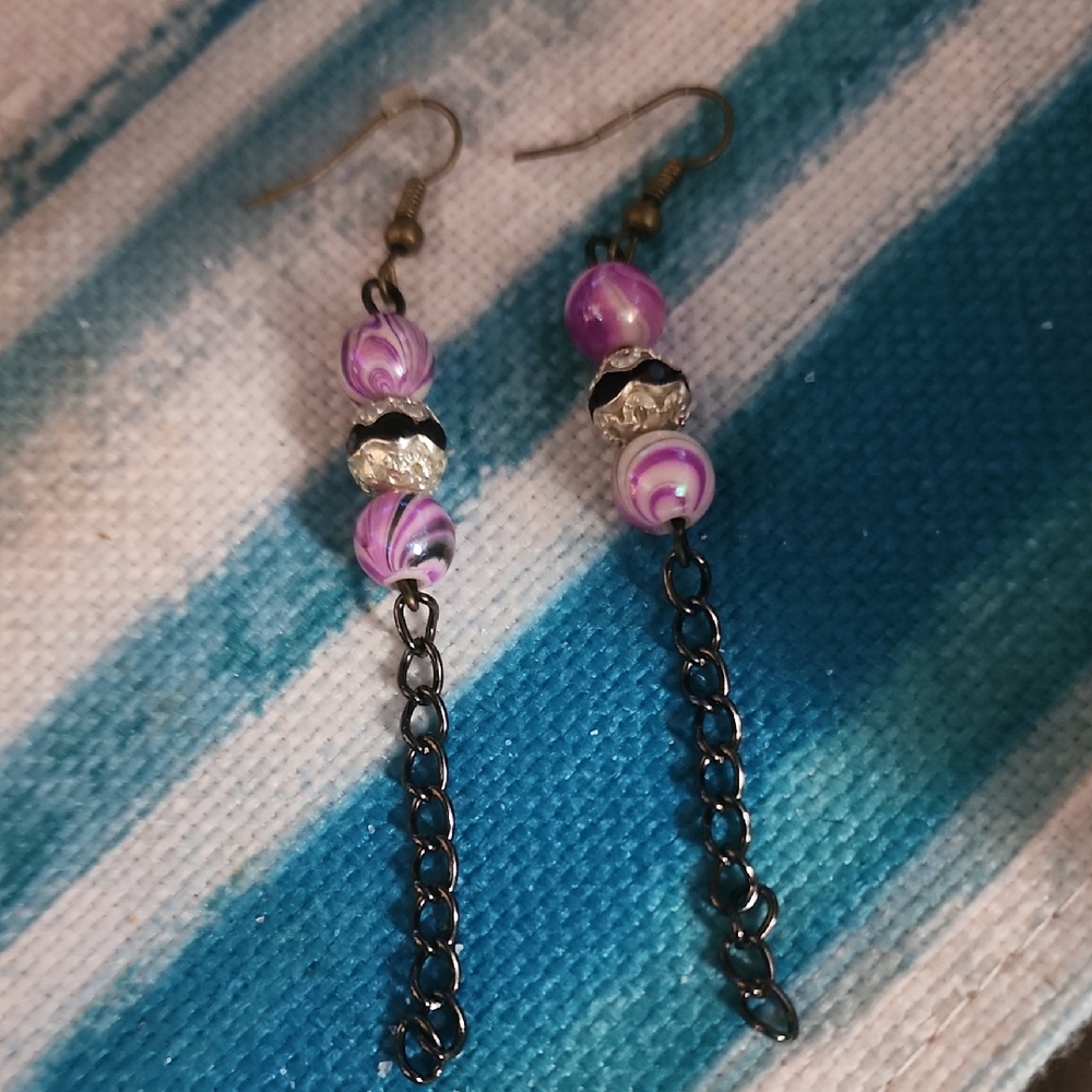Purple and Black Beaded Dangle Earrings